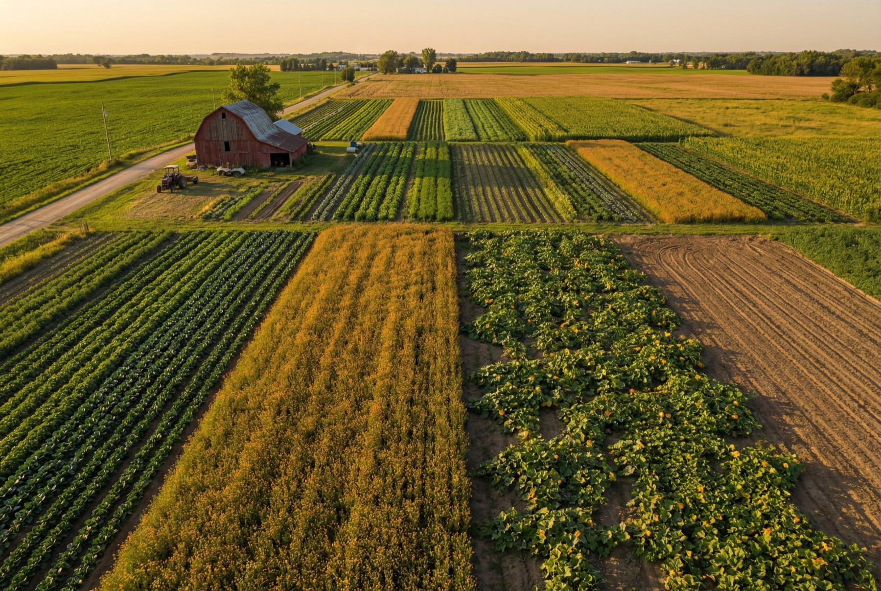 Aerial view of a diversified farm with patchwork fields at golden hour