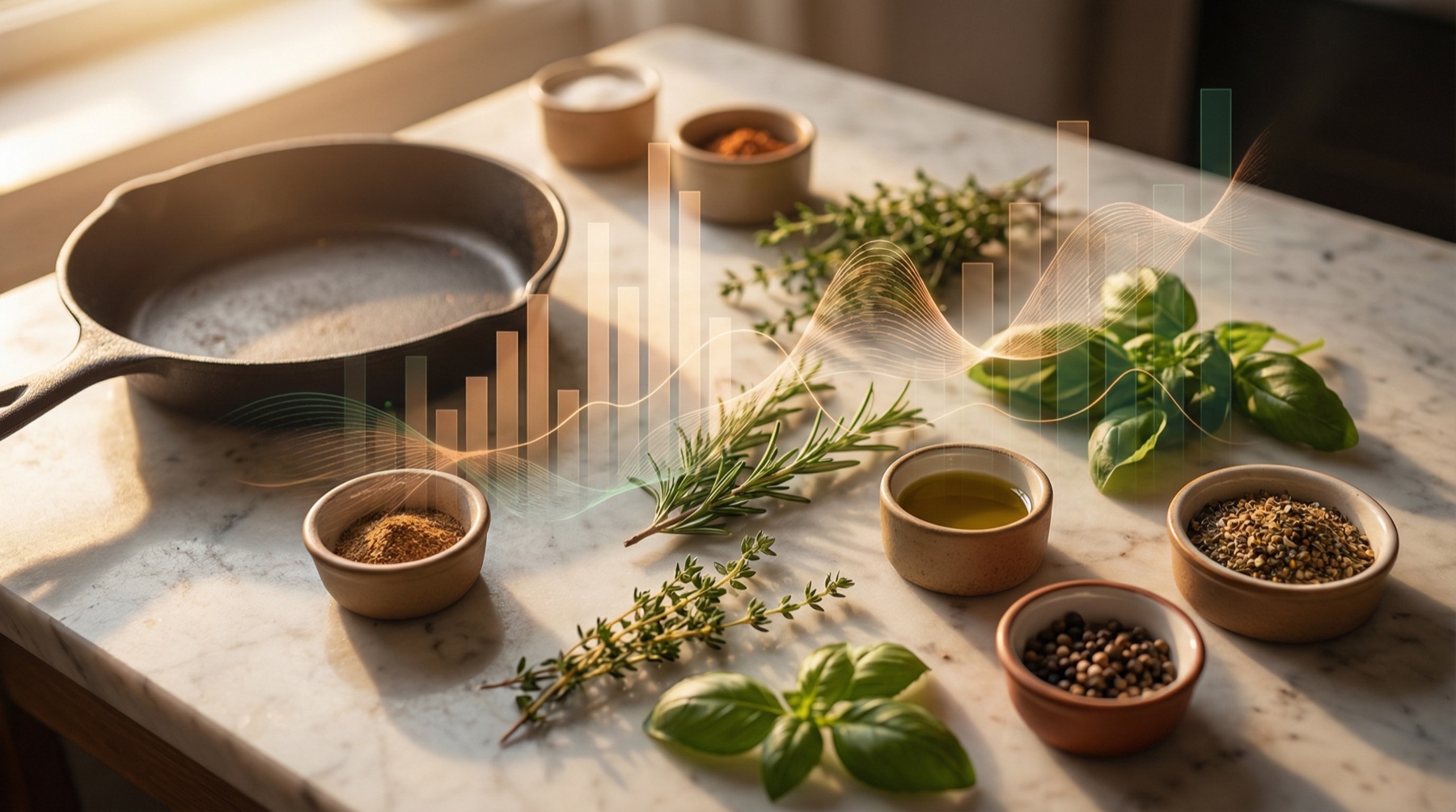 Editorial still life of chef's ingredients with subtle data visualization overlay