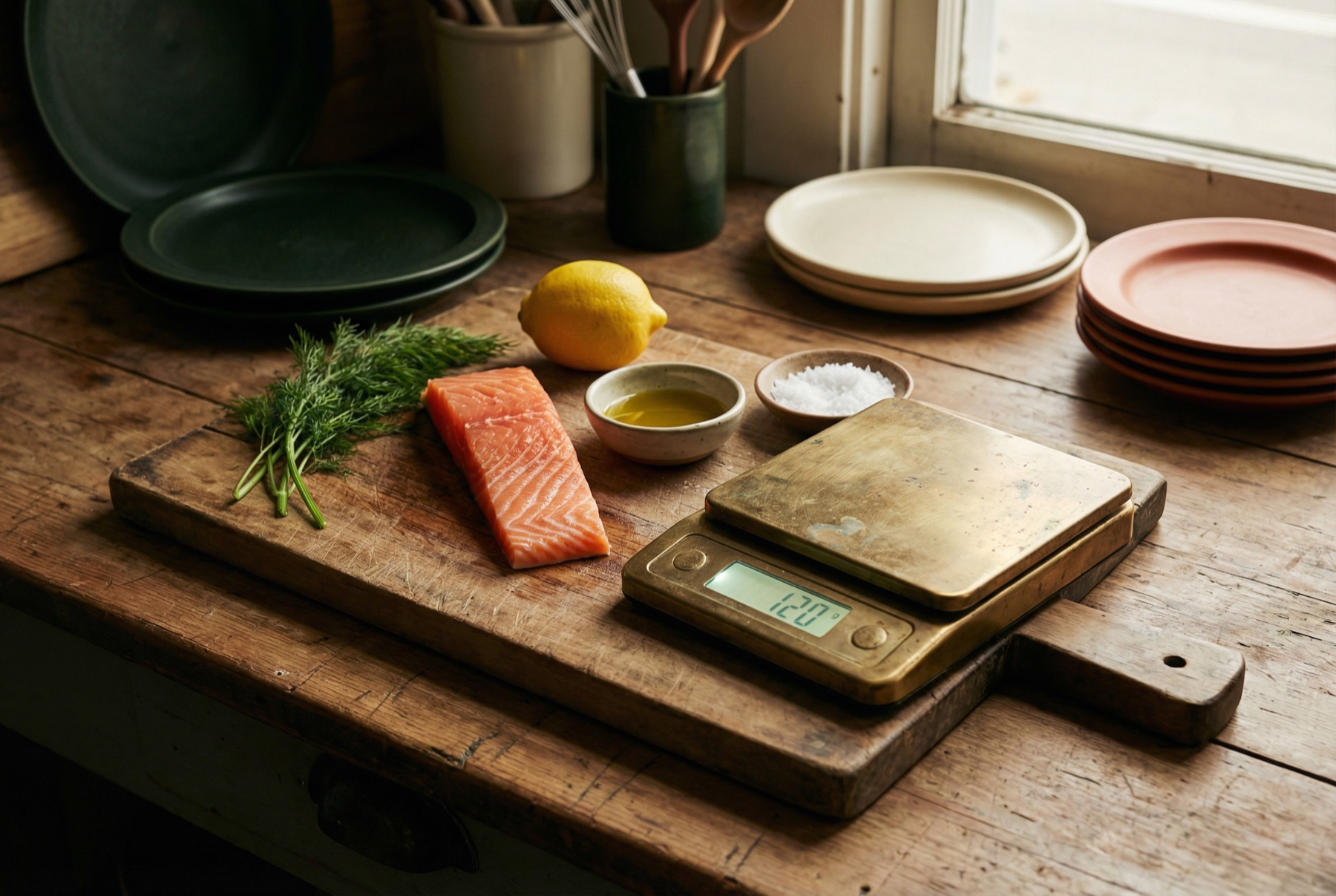 Chef preparing salmon on a wooden board with a digital scale