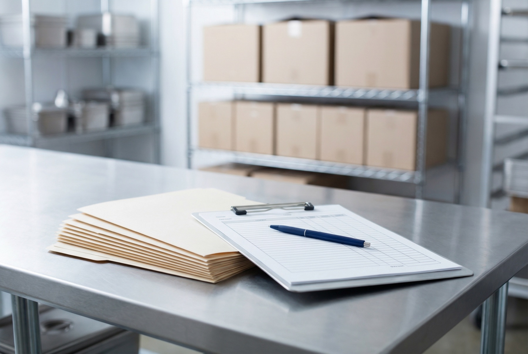 Manila folders and an inspection clipboard on a stainless steel prep table